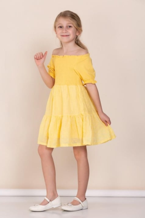 Детска рокля къс ръкав, жълт цвят