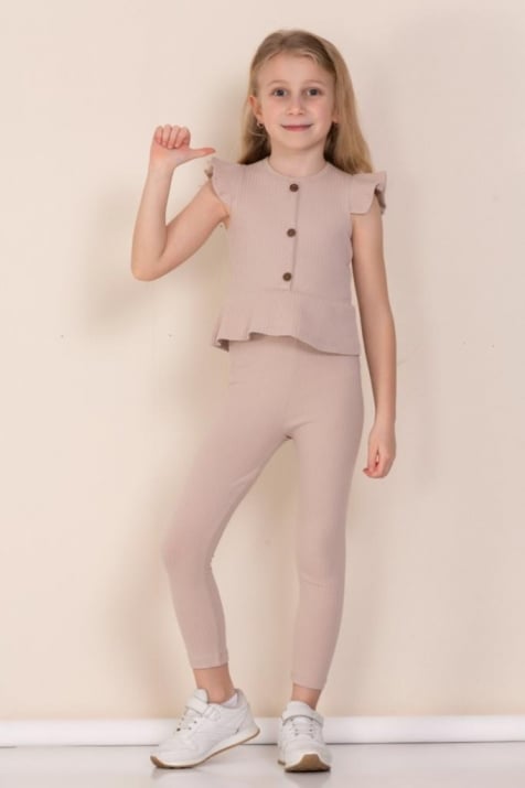 Детски комплект момиче къс ръкав, бежов цвят