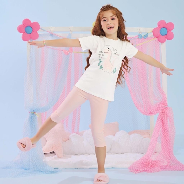 Детска пижама момиче къс ръкав еднорог, бял цвят