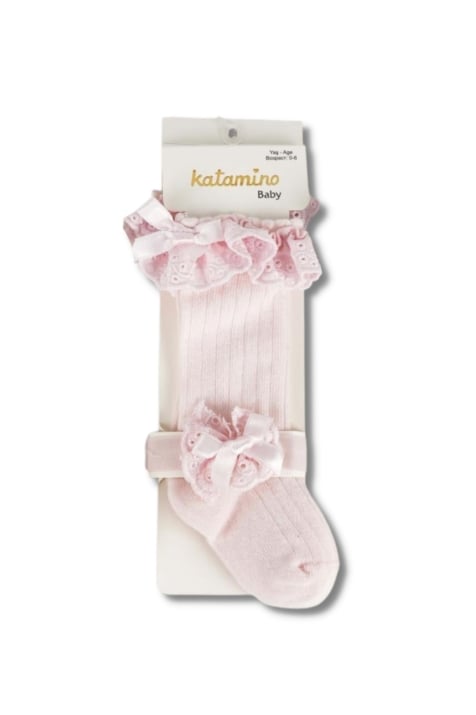 Бебешки чорапи момиче с къдрички, розов цвят