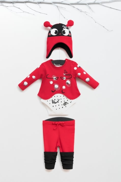 Бебешки комплект момиче дълъг ръкав 3 части, червен цвят