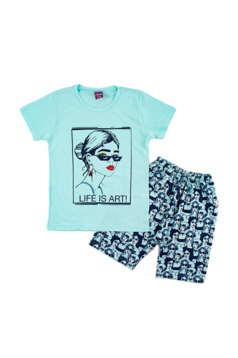 Детска пижама момиче къс ръкав, син цвят