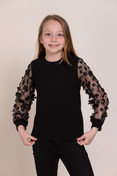 Детска блуза за момиче с дълъг ръкав, черен цвят