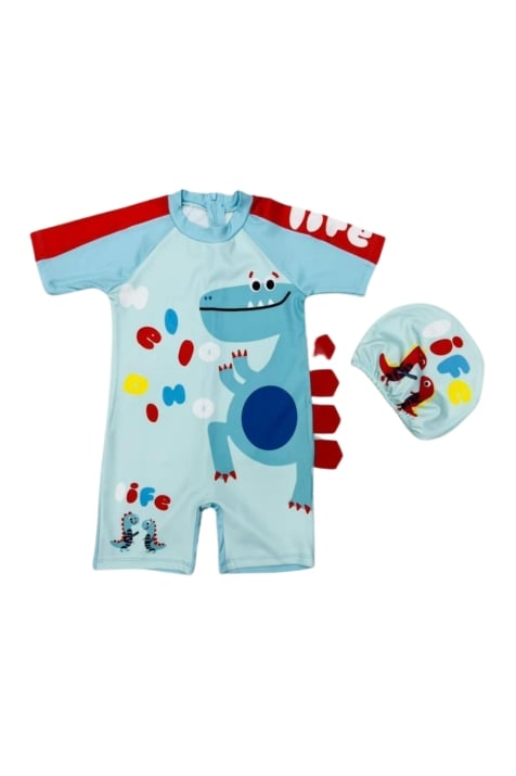 Детски цял бански за момче с шапка динозавър,син цвят