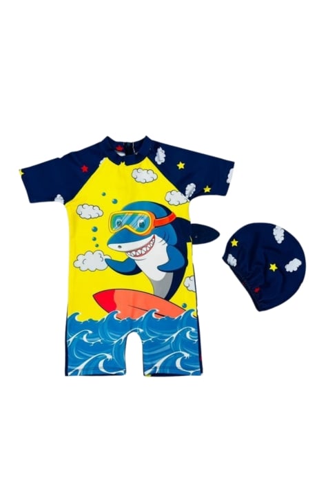Детски цял бански за момче с шапка акула,син цвят