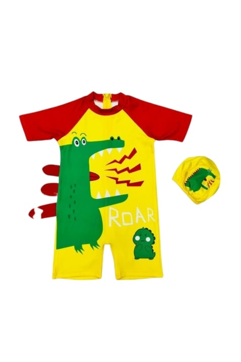 Детски цял бански за  момче с шапка крокодил,жълт цвят