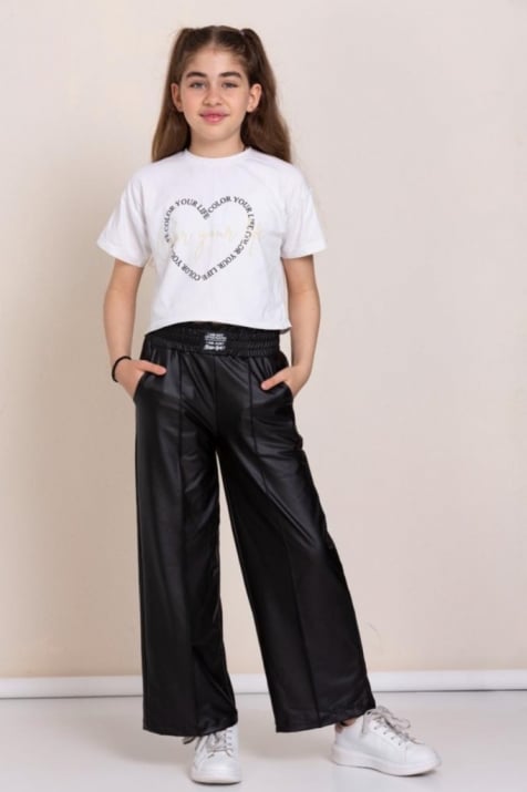 Детски кожен панталон за момиче, черен цвят