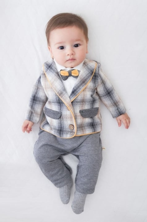 Бебешки луксозен гащеризон момче дълъг ръкав, сив цвят