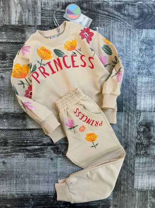 Детски комплект момиче дълъг ръкав Princess, бежов цвят