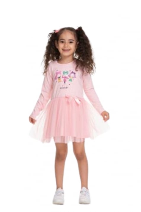 Детска рокля дълъг ръкав с момиченца, розов цвят 