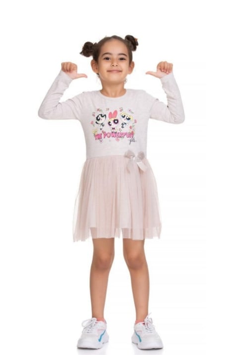 Детска рокля дълъг ръкав Powerpuff Girls, бежов цвят
