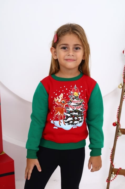 Детска блуза дълъг ръкав вата Коледа, червен цвят