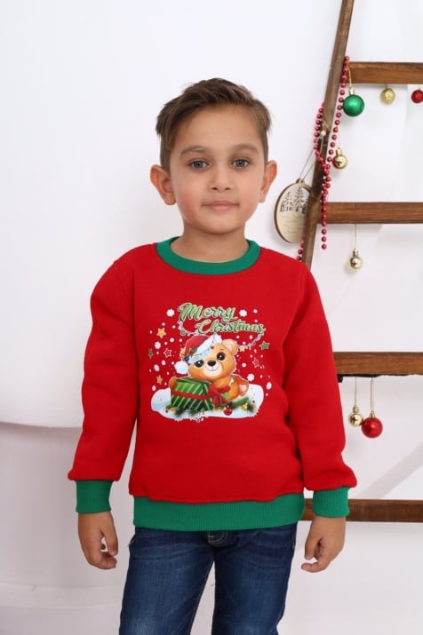 Детска блуза дълъг ръкав вата Коледа, червен цвят