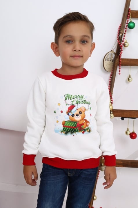 Детска блуза дълъг ръкав вата Коледа, бял цвят