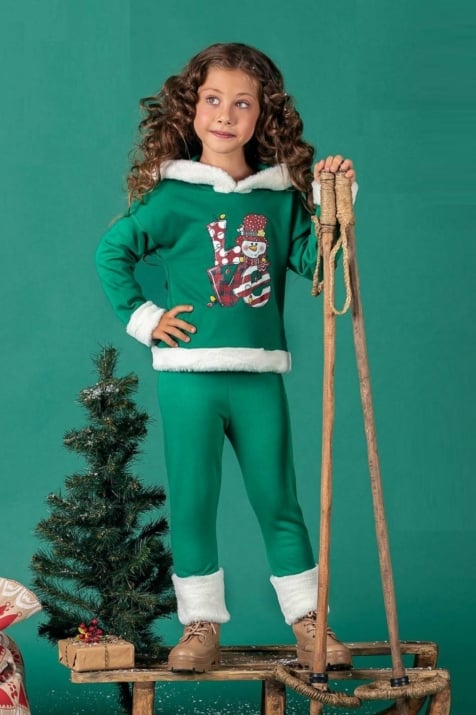 Детски комплект момиче с дълъг ръкав Коледа , зелен цвят