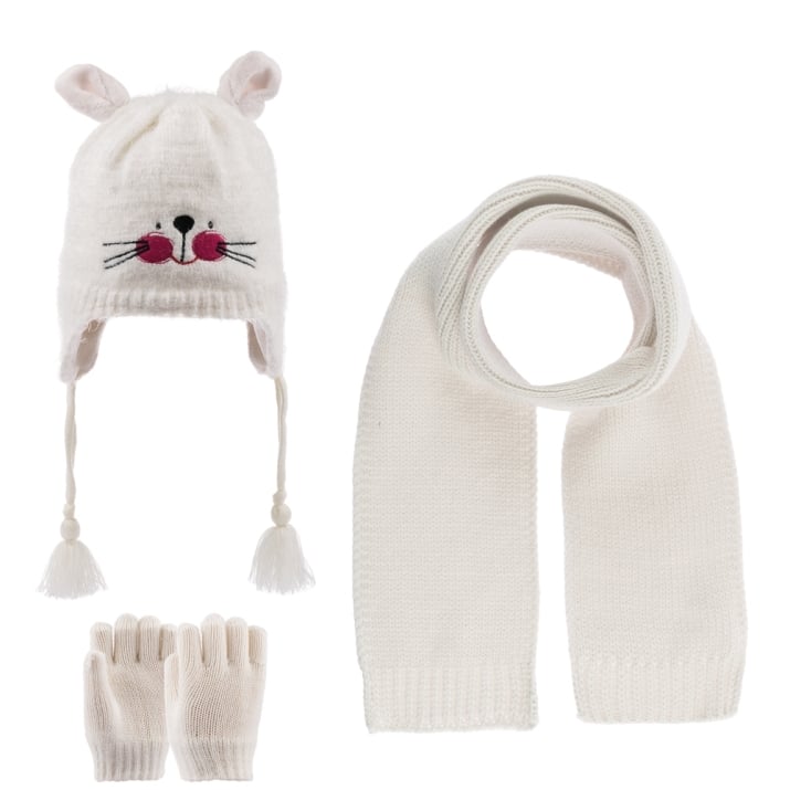 Детски комплект шапка, шал и ръкавици момиче, бял цвят