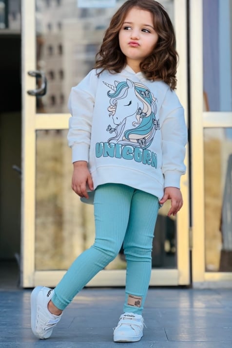 Детски комплект момиче дълъг ръкав Еднорог , зелен цвят