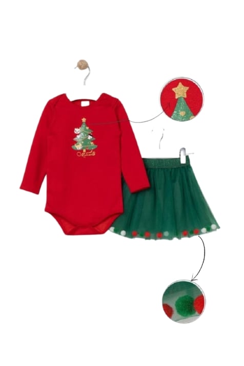 Бебешки комплект момиче с дълъг ръкав Коледа, червен цвят