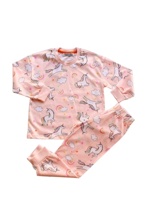 Детска пижама момиче дълъг ръкав с еднорог, светло розов цвят