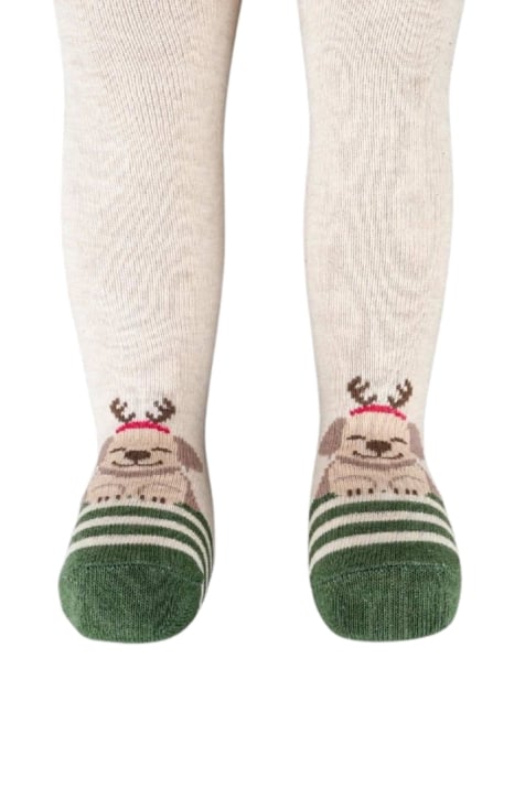 Бебешки чорапогащник момче Коледа с кученце, цвят екрю