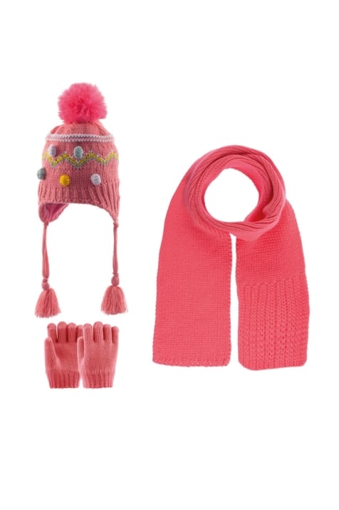 Детски комплект шапка, шал и ръкавици момиче, цвят корал