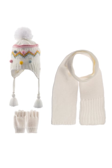 Детски комплект шапка, шал и ръкавици момиче, бял цвят