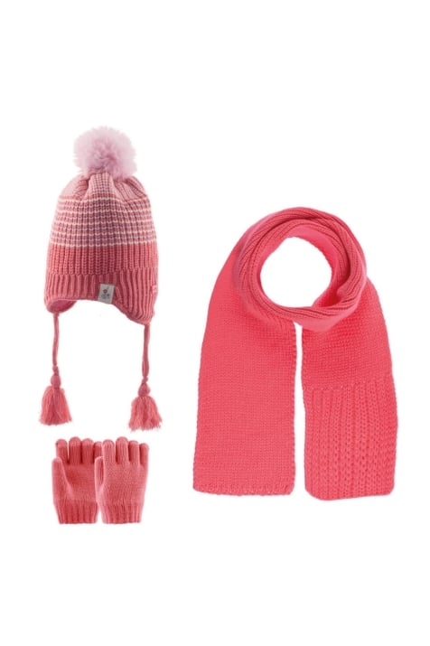 Детски комплект шапка, шал и ръкавици момиче, цвят корал