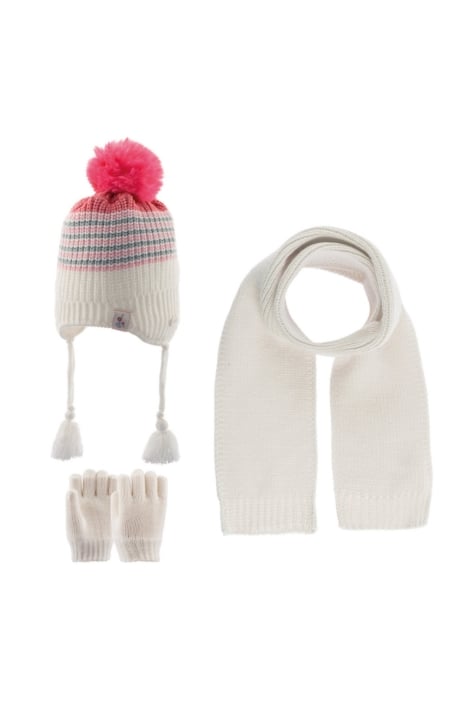 Детски комплект шапка, шал и ръкавици момиче, бял цвят