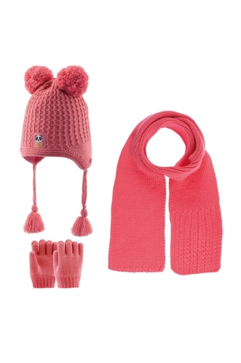 Детски комплект шапка, шал и ръкавици момиче, цвят корал