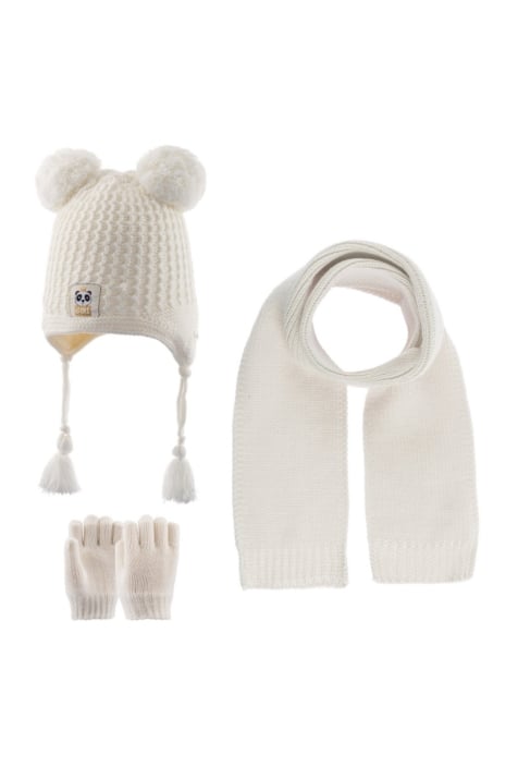 Детски комплект шапка, шал и ръкавици момиче, бял цвят