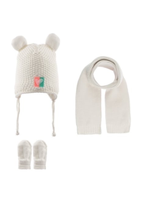 Бебешки комплект шапка, шал и ръкавици момиче, цвят екрю