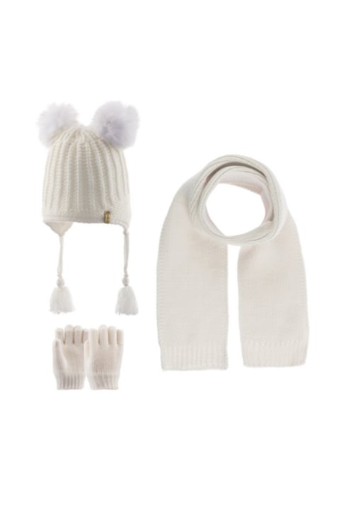 Детски комплект шапка, шал и ръкавици момиче, бял цвят