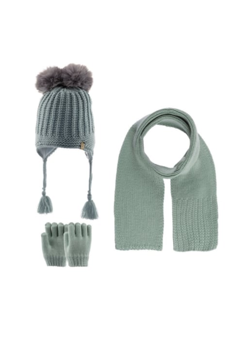 Детски комплект шапка, шал и ръкавици момиче, зелен цвят