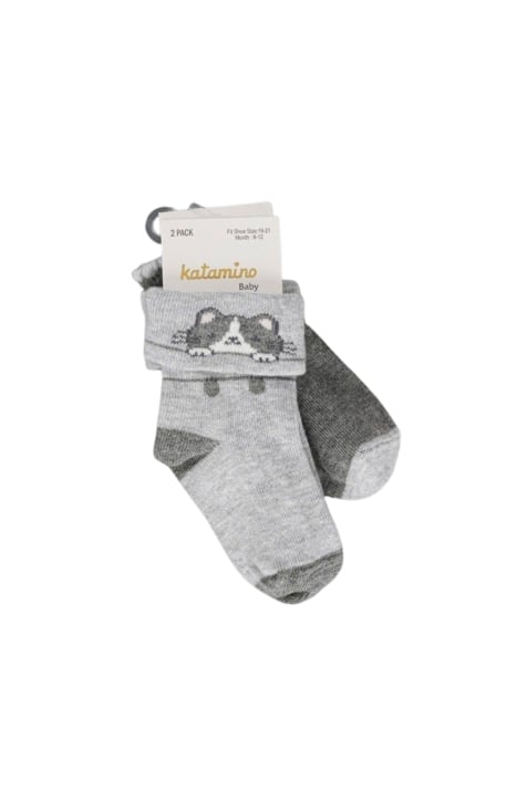 Бебешки чорапи момиче 2 броя с коте сив цвят