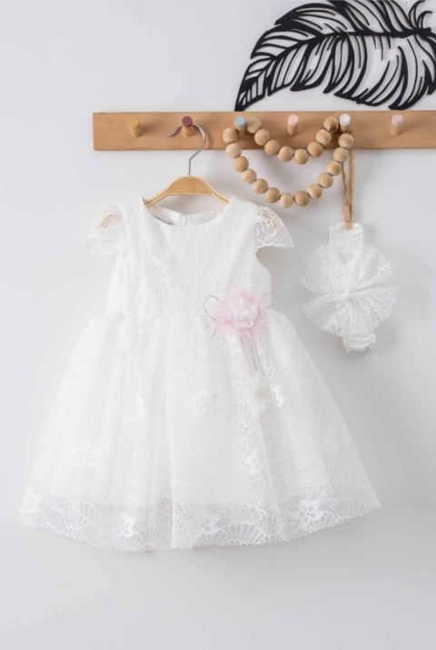 Детска официална рокля с лента, бял цвят