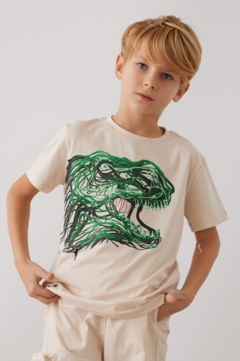 Детска тениска за момче с Динозавър, в бежов цвят