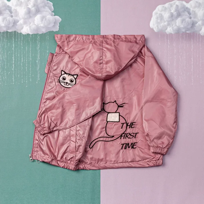 Детско яке за момиче с коте, тъмно розов цвят