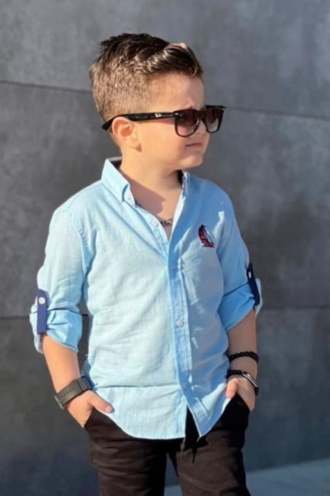 Детска риза за момче с дълъг ръкав,син цвят