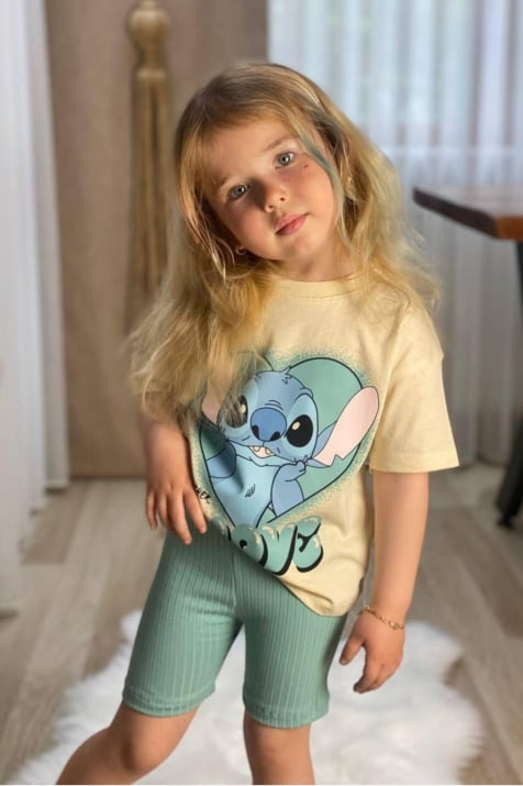 Детски комплект момиче къс ръкав Stitch, зелен цвят