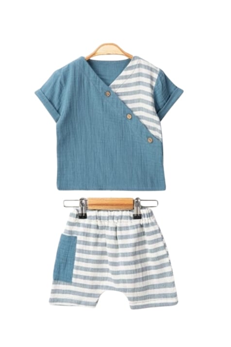 Бебешки комплект момче къс ръкав, син цвят