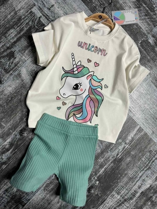 Детски комплект момиче къс ръкав, зелен цвят