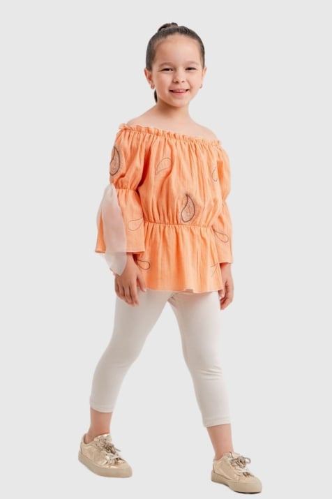 Детски комплект момиче къс ръкав, оранжев цвят