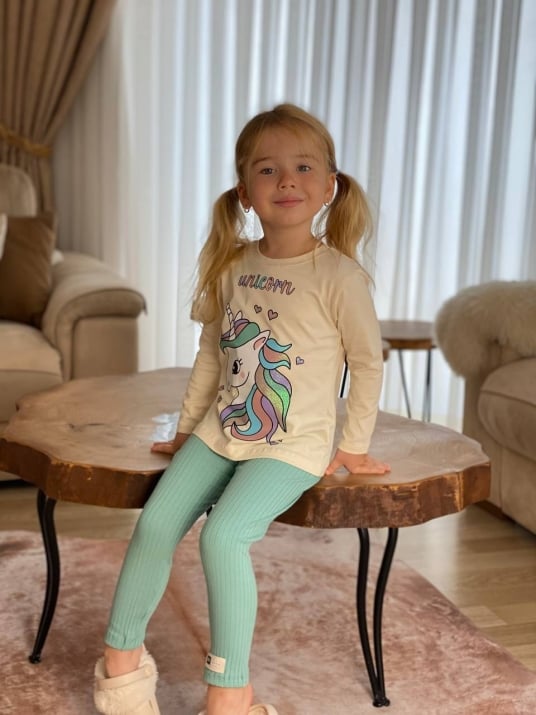 Детски комплект момиче с дълъг ръкав с еднорог, зелен цвят