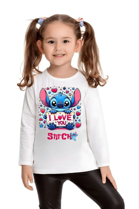 Детска блуза момиче с дълъг ръкав Stitch, цвят екрю