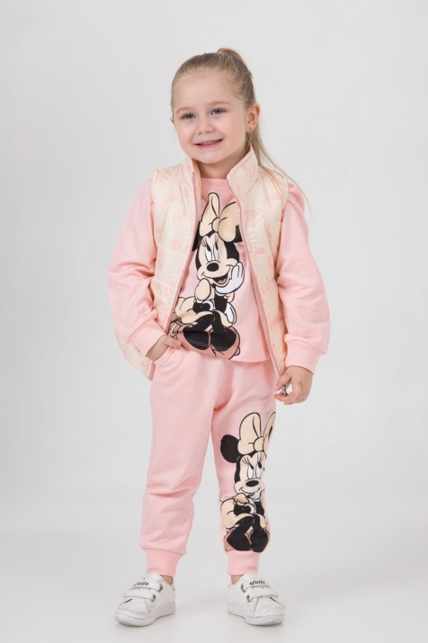 Детски комплект момиче дълъг ръкав 3 части вата Мини Маус , светло розов цвят