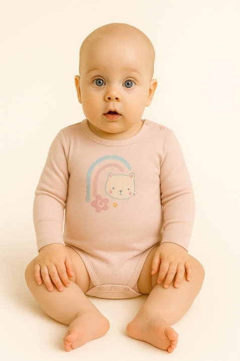 Бебешко боди момиче дълъг ръкав органичен памук с мече, розов цвят