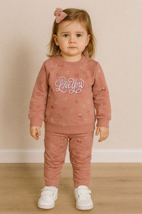 Детски комплект за момиче с дълъг ръкав, тъмно розов цвят
