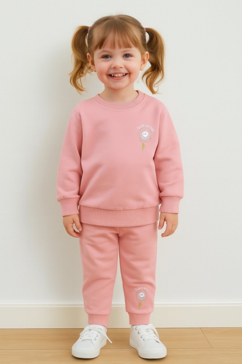 Детски комплект за момиче с дълъг ръкав, розов цвят
