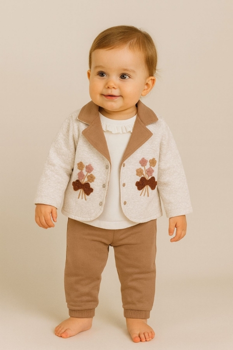 Бебешки комплект за момиче с дълъг ръкав 3 части, кафяв цвят
