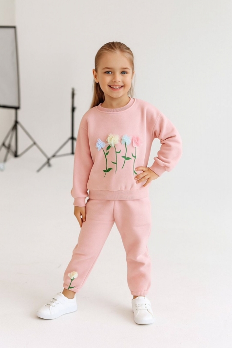 Детски комплект за момиче с дълъг ръкав, розов цвят
